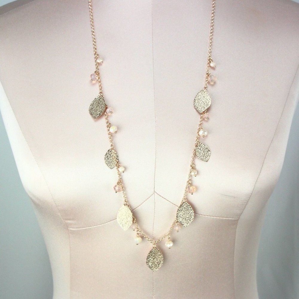 Metal Necklace 30"-33" Long Copper-tone Leaves & Beads